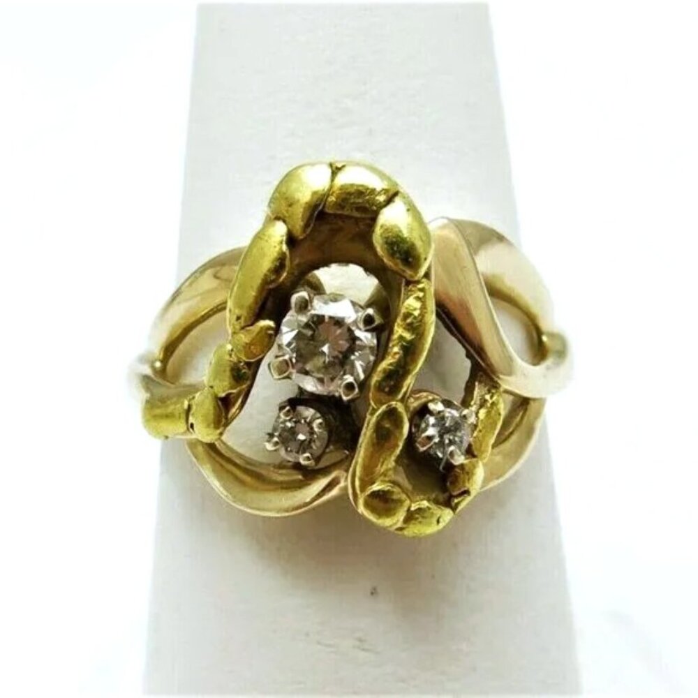Designer Solid 14K Yellow Gold Real 22K Gold Nugget Diamond Cluster Ring - Picture 2 of 12